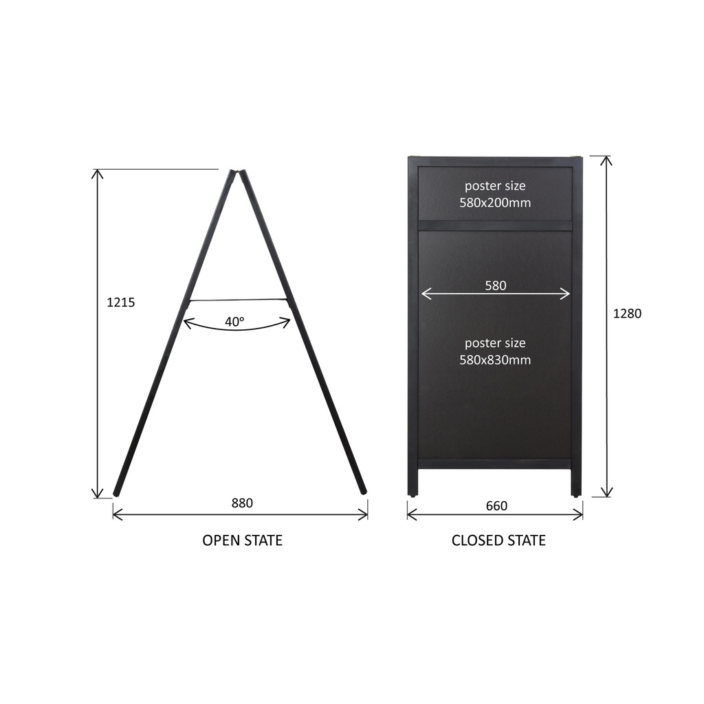 Krijt stoepbord DeLux 66x128 cm met topbord zwart