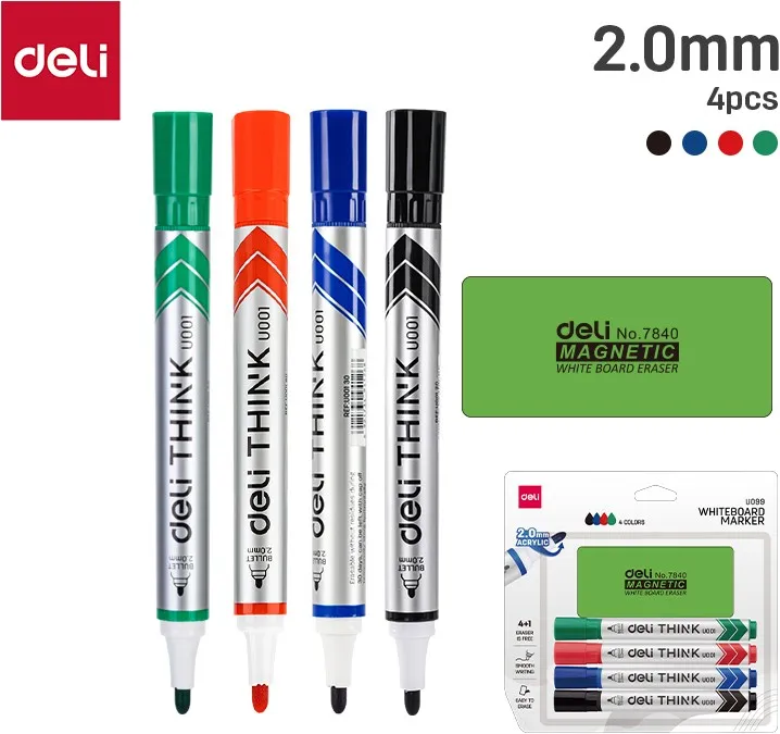 Whiteboard marker "Deli wisser + 4 markers" - ronde punt 2,0 mm