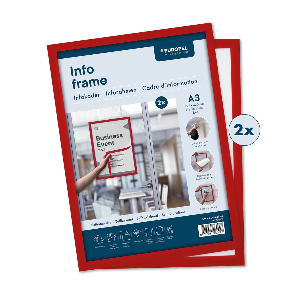 Infokader "magnetisch - zelfklevend" - kleur rood - formaat A3 - set à 2 st
