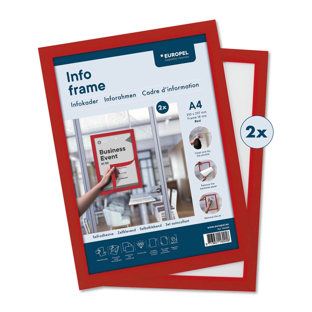 Infokader "magnetisch - zelfklevend" - kleur rood - formaat A4 - set à 2 st.   