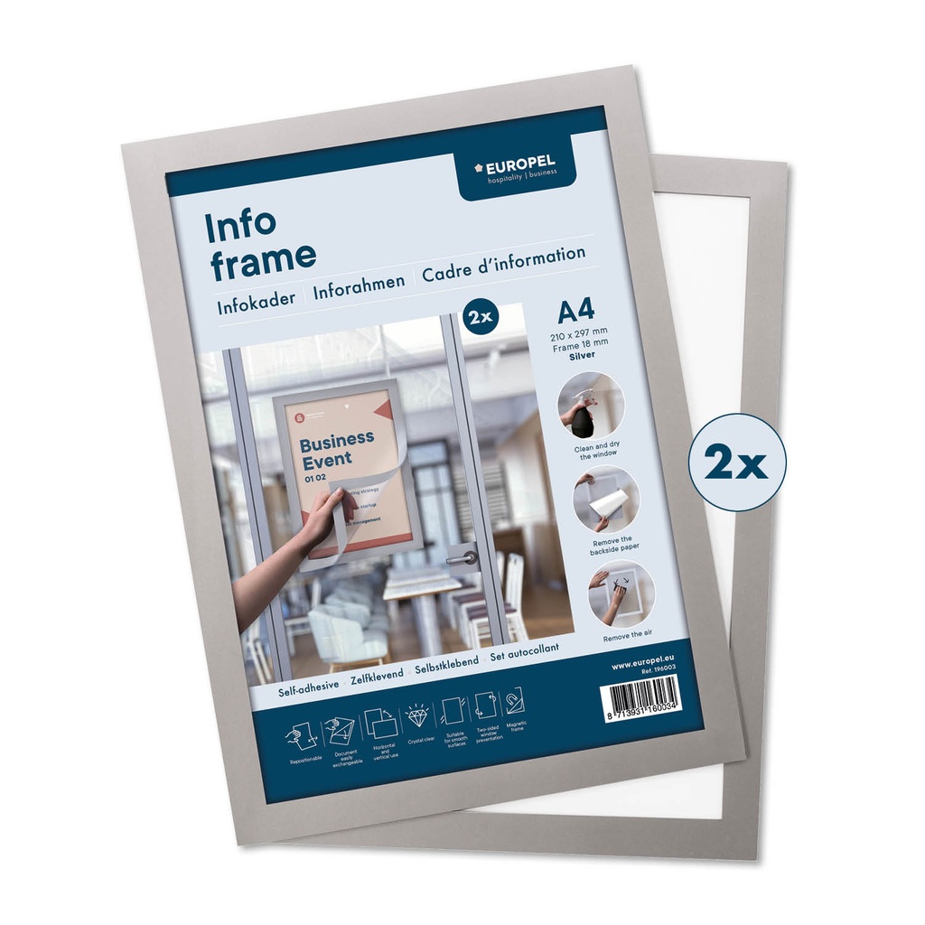 Infokader "magnetisch - zelfklevend" - kleur zilver - formaat A4 - set à 2 st.   