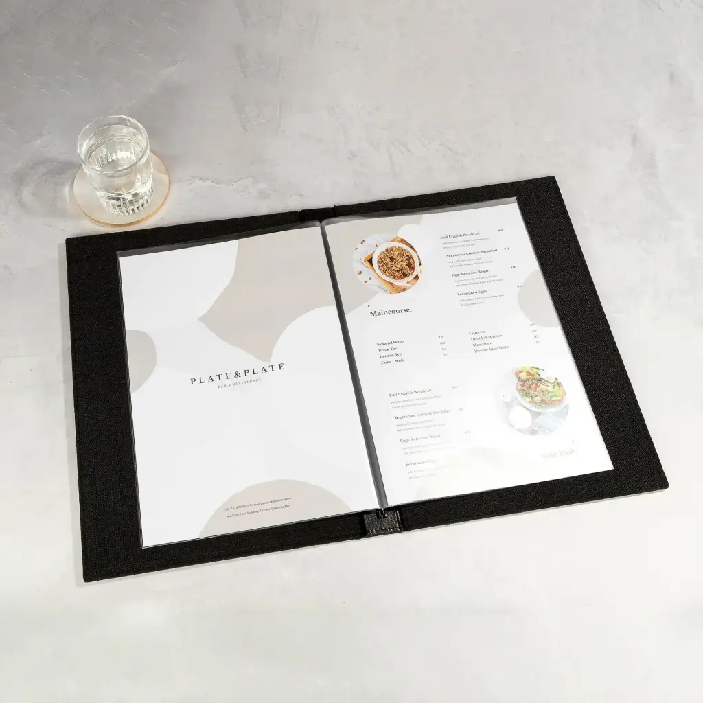 [425000] Menumap A4 "Linnen de Luxe" met 6 showtassen - zwart - per 3 stuks